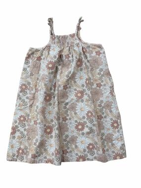 Little Co. Size 7 Tan Cream Link Floral Linen Blend Smocked Top Tank Dress